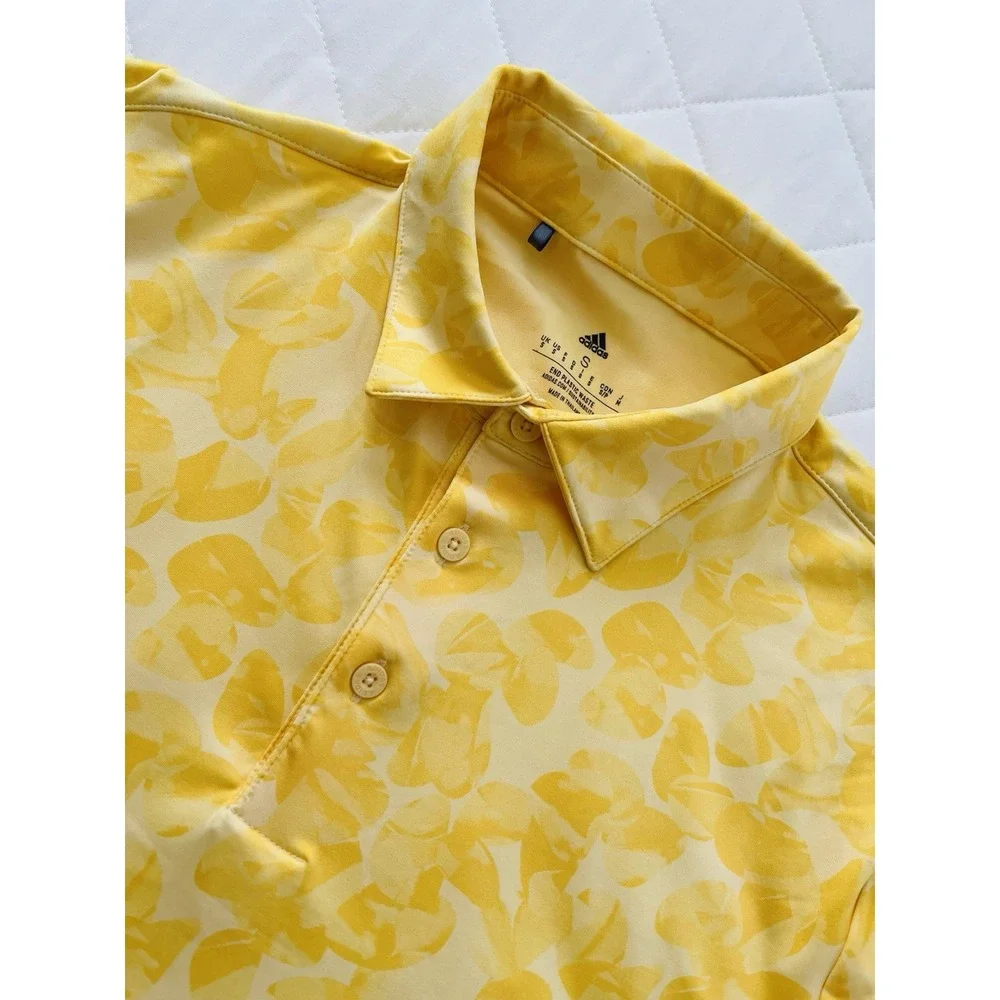 Adidas Mens Size‎ S Yellow Golf Polo Shirt Floral Print Performance Stretch Tee